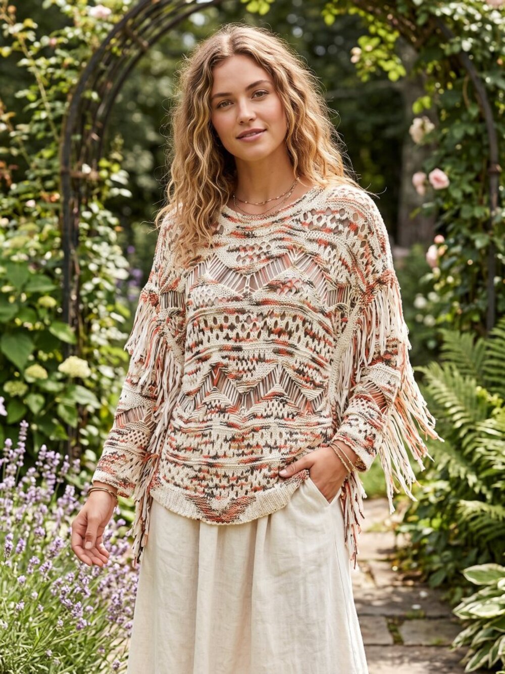 Boston Proper M Crochet Sweater Boho Chic Fairy Grunge Fringe Whimsigoth Western